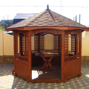 White gazebo with benches on the lawn among the trees - realized object Wood Luxury