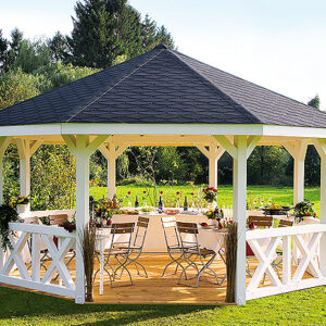 Gazebo with decorative textiles in a green garden - Wood Luxury object in Odessa