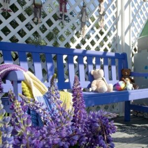 The blue Breeze garden bench with toys among the lupins is a bright accent of Wood Luxury.
