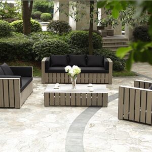 Wooden sofa and armchairs Rose with black pillows on the terrace - Wood Luxury style.