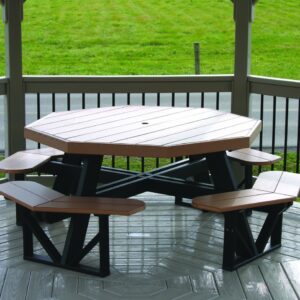 Octagonal picnic table with benches on a gazebo deck - practical furniture Wood Luxury.