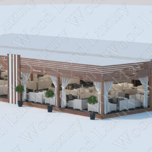 3D-модель Open Air Cafe с белой мебелью, шторами и топиариями — проект конструктора Wood Luxury 2.