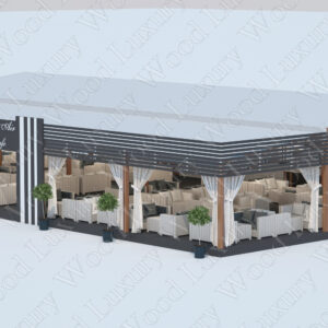 3D-проект Open Air Cafe с тёмными рейками, белой мебелью и шторами — конструктор Wood Luxury 2.