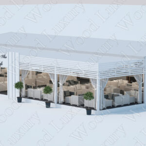 Белый павильон Open Air Cafe с диванами и шторами — 3D-рендер конструктора Wood Luxury 2.